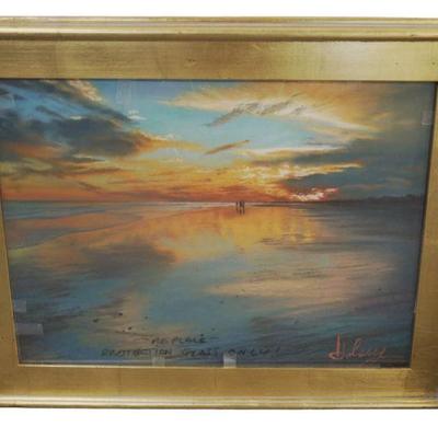 Original John Hulsey Oil Pastel Lowcountry Coastal Sunset. Signed. In Gold Leaf Frame. Measures 23"x30"x1.5". W