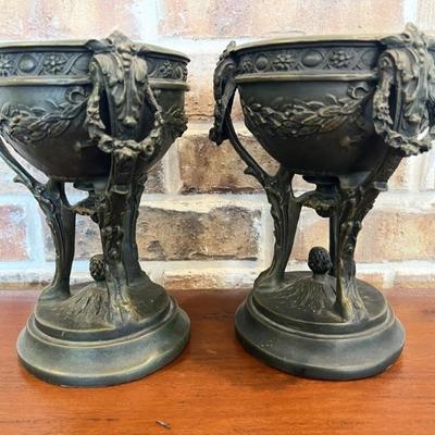 Pair Bronze-Look Ornamental Urns, Mantle Set