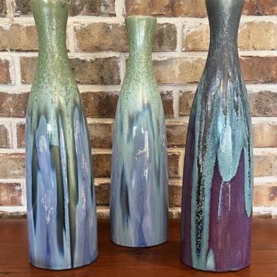 Trio of Drip Glaze Pottery Bottle Vases