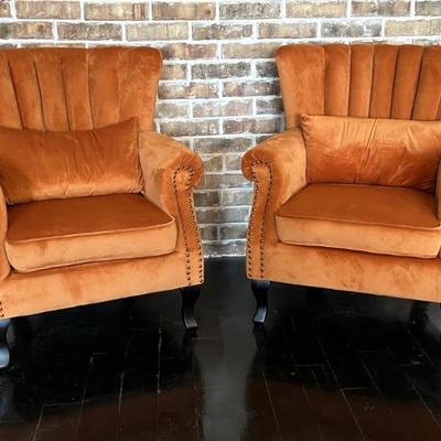 (2) Velveteen Orange Hollywood Regency Armchairs