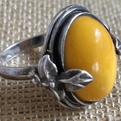 Vintage Sterling Silver and Egg Yolk Amber Ring