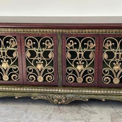 French Country Entry Cabinet Rich Greens & Reds 
