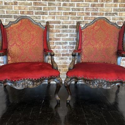 Pair Red Heavily Carved Oversized Castle Armchairs