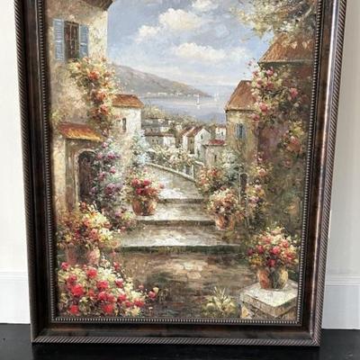 Framed Oil on Canvas of Mediterranean Village