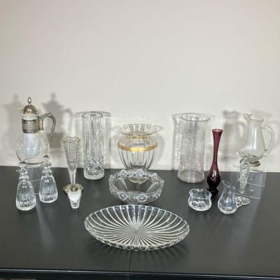 (14PC) ROGASKA CRYSTAL & VINTAGE GLASSWARE | Vintage Glass lot includes: (1) Boxed Rogaska Crystal Soho Oil & Vinegar from...