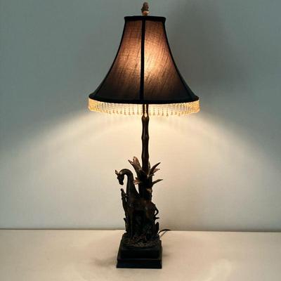 GIRAFFE LAMP | Unusual Giraffe and her baby calf lamp in an aged bronze tone finish composition. The lamp rod is done as bamboo and the...