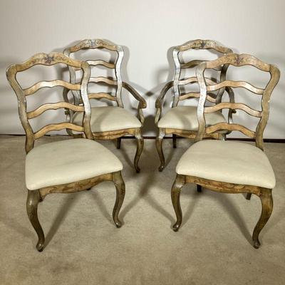 (4PC) FRENCH COUNTRY PAINTED CHAIRS | Painted with curved back splat chairs having cabriole legs and pad feet. Chair crest and back...