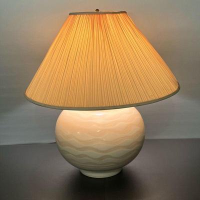 MIDCENTURY LAMP | Vintage Ceramic Bulbous Lamp in a sand & cream swirl design, with pleated shade. - h. 13 x dia. 12â€ in (To top of...