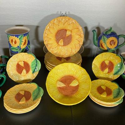 (24PC) PACIFIC RIM SUNFLOWER SET | Sunflower Tea Set all hand-painted by Pacific Rim. Includes: (1) Teapot with lid. (1) Open Pot. (1)...