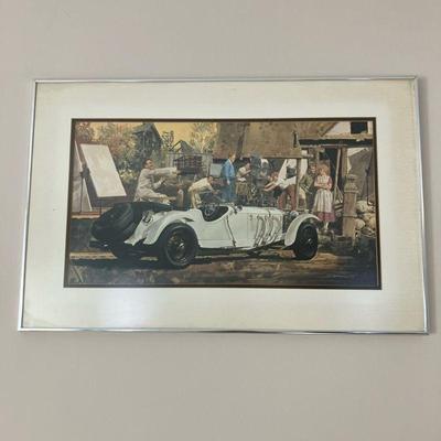 (2PC) J B DENEEN AUTO LITHOGRAPHS | Pair of J B Deneen antique classic cars prints in period scenes, nicely framed. One on a movie set...