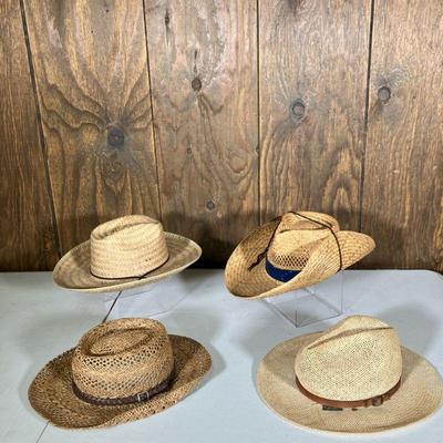 (4PC) VINTAGE STRAW HATS CHI CHI RODRIGUEZ | Four Vintage Straw Cowboy hats: (1) Chi Chi Rodriguez with leather band & green golf label....