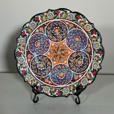 TURKISH POTTERY PLATE | â€œHandmade B Zâ€ on reverse of a round raised decoration Turkish plate with vibrant colors and designs. - h....