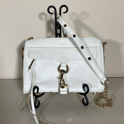 REBECCA MINKOFF LEATHER BAG PURSE | White leather shoulder bag with gold chains and accents. - l. 9 x w. 2 x h. 6.5 in (Bag)

