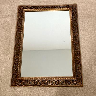 GOLD FRETWORK MIRROR | Open fretwork design Mirror in an aged gold finish. Mirror has loops to hang either vertical or horizontal. Plate...