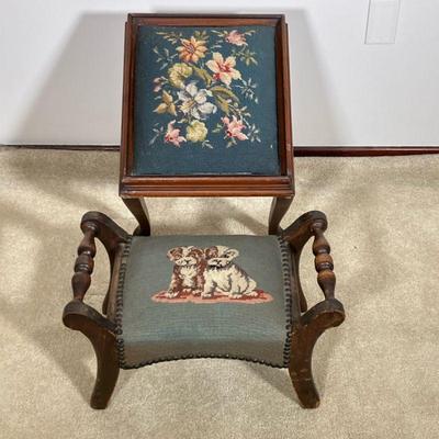 (2PC) NEEDLEPOINT STOOLS | Two Vintage stools with needlepoint coverings. The small one has two handles and two puppies on a blue...