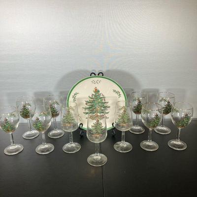 (19PC) SPODE CHRISTMAS PLATTER & WINE GLASSES | The Classic Spode Christmas Tree Pattern including: (1) Footed Serving Platter 10â€. (8)...