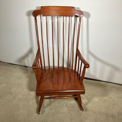 NICHOLS & STONE SPINDLE BACK ROCKER | A Vintage Maple Rocker with contour seat and back, branded â€œNichols & Stone Co. Gardener...
