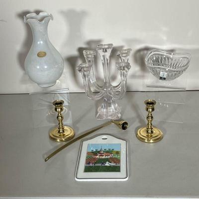 (6PC) BALDWIN CANDLESTICKS, VILEROY & BOCH CANDELABRA & MORE | Six lots including: (2) Pair of Brass Baldwin Candlesticks. (1)...