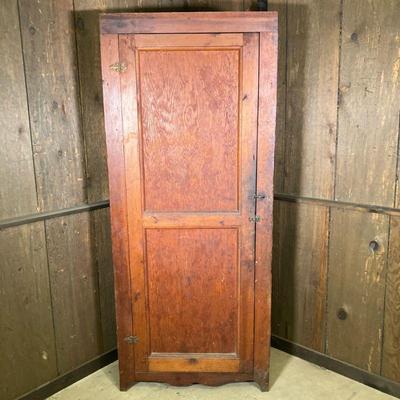 HANDMADE STORAGE CABINET | Tall five-shelf Storage Cabinet in stained pine with plywood pine framed door. Scalloped base. May have had a...