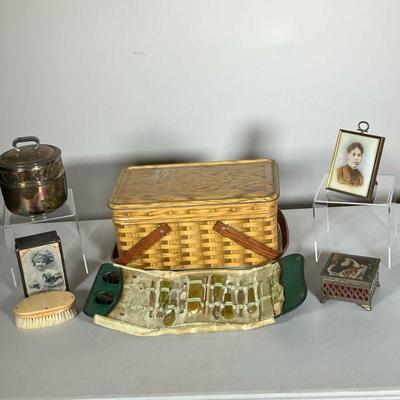 OPALTYPE PHOTO, BAKELITE MANICURE SET, TIN BASKET LOT | Interesting Vintage lot includes: (1) Opaltype ( Tinted photo on milk glass) in a...