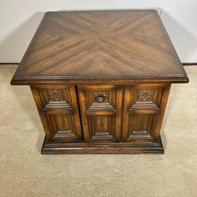 (2PC) ITALIAN PROVINCIAL LOW & END TABLES | Two Vintage matching tables. A low/coffee table with cabinet and an end table, also with...