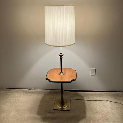 STIFFEL FLOOR LAMP | Stiffel Floor Table Lamp with brass base and shaped wood two-tone table. Like new Shade marked. â€œFenshel Shades...