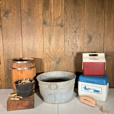 (7PC) VINTAGE BARREL, WASHTUB, COOLERS & TRIMLINE PHONE | Eclectic Lot including: (1) Wooden Barrel. (1) Galvanised Wash Tub. (1)...