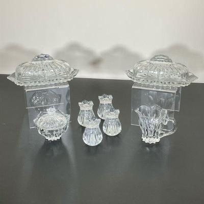 (8PC) GORHAM LOTUS CRYSTAL | Gorham Crystal in the Lotus Pattern including: (2) Covered Butter Dishes. (2) Sugar & Creamer. (4) Salt...