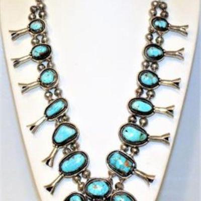 Lot 001   29 Bid(s)
Sterling Turquoise Squash Blossom necklace