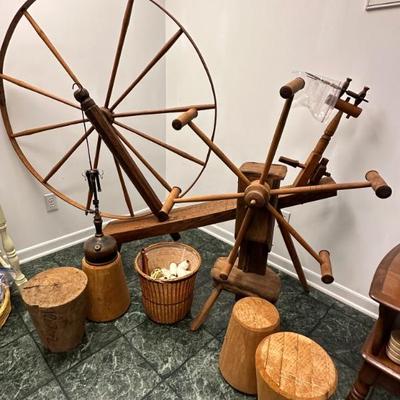The spinning wheel and yarn winder come from the Pickens County home place settled by Robert Pike Pickens in upstate SC, part of a land...