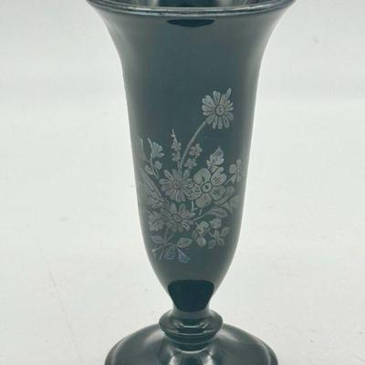 Vintage Black Amethyst Glass Trumpet Bud Vase W/Silver Flowers Possible LE Smith