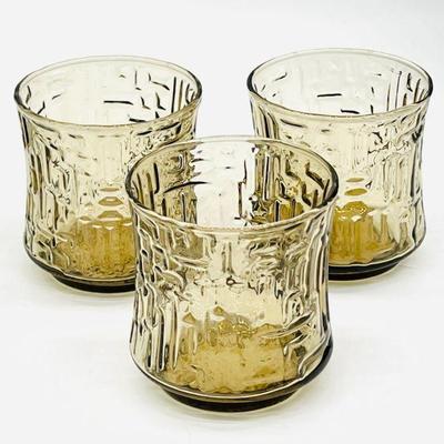 (3) MCM Libbey Mid-Century Artica On The Rocks Gold Textured Glass Tumblers
