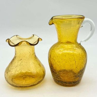 (2) Vintage Amber Crackle Glass Vases
