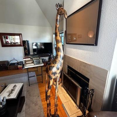 Solid wood hand-carved giraffe sculpture 6.3' 