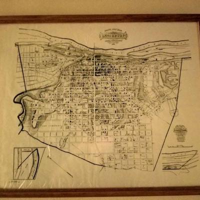 Vintage framed map of Lynchburg