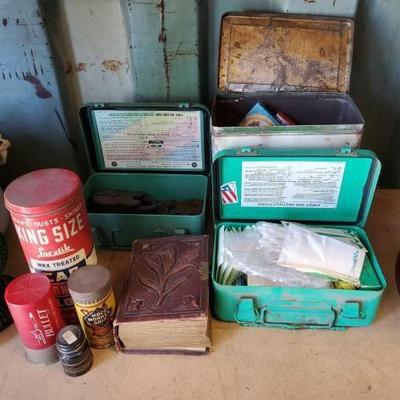 #3012 â€¢ Antique Tin Boxes with Playing cards, Antique Locks, First Aid Kit, Photo Album and Car Repair/cleaning tools
