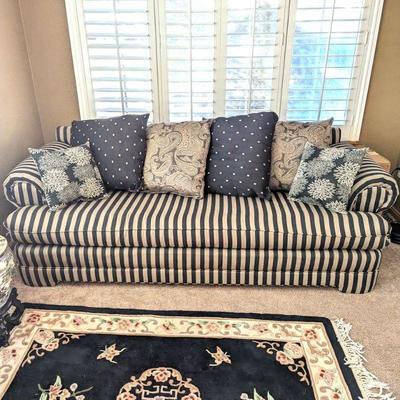 Striped Sofa With Throw Pillows 92l x 36d x 29h