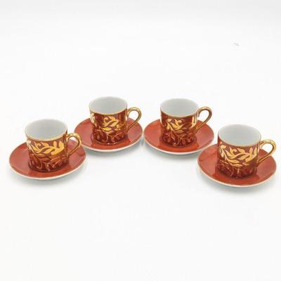 Set of 4 Fitz & Floyd Red and Gold Espresso Cups and Saucers