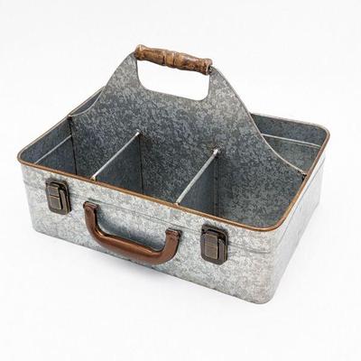 Vintage Farmhouse Galvanized Metal Caddy with Wooden Handle - 14 x 9.5 x 9.5h