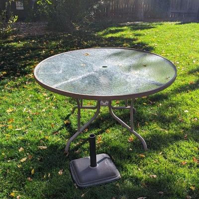  Glass Top Patio Table 38w x 28h and Umbrella Stand