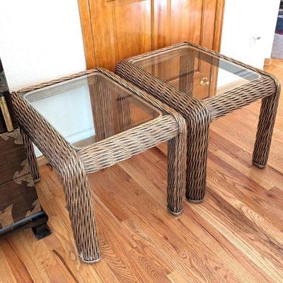Set of Two Vintage Twisted Rattan Side Tables - 30 x 23 x 22h