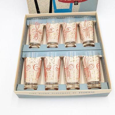 Federal Glass Company Mid-Century Red and Gold Tumblers (Set of 8) in Original Box - 3w x 5.5h