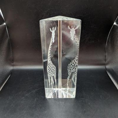 Signed Vicke Lindstrand Prismatic Glass Etched Giraffe Sculpture for Kosta 3.5w x 9h