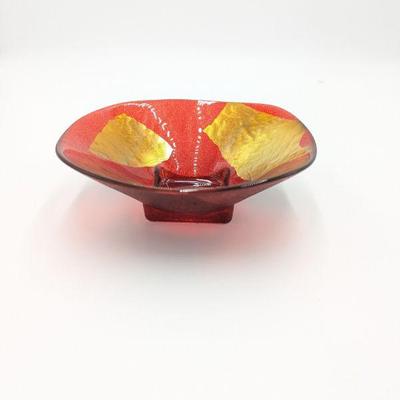 Red & Gold Art Glass Glitter Base Bowl 8 x 8 x 2.5h