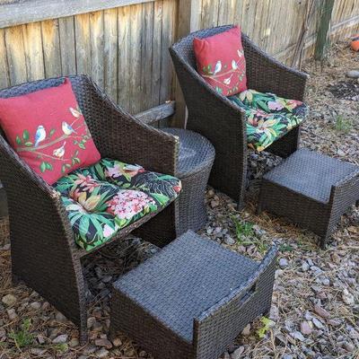 Brown Wicker Patio Set Chairs With Pull Out Footrests and Storage Table