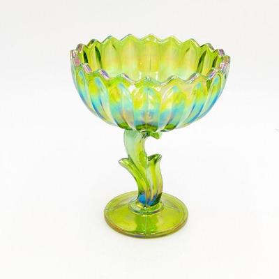 Indiana Glass Green Carnival Glass Lotus Compote Bowl - 6.25w x 7.5h