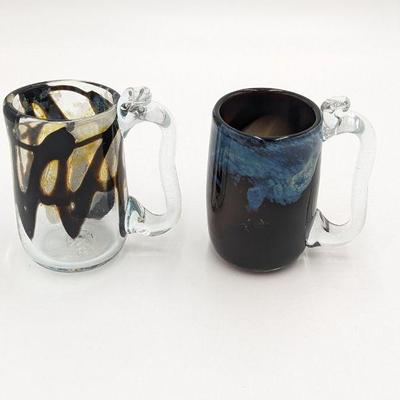 Two Vintage Hand Blown Art Glass Mugs 4.5 x 3 x 4.75h