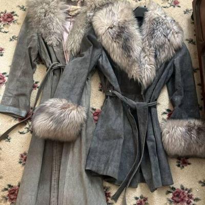 2x English leather fur lined coats size medium and large