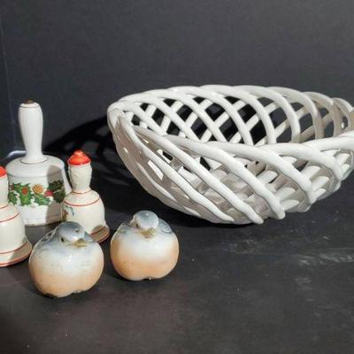 Basket Weave Bowl, Bird Salt And Pepper Shakers And Christmas Bells