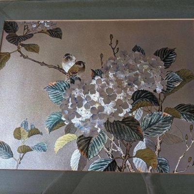 Vintage Japanese Silver Foil Art: Birds On White Hydrangea, Signed 20.25â€ Ã— 16.25â€